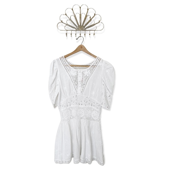 LoveShackFancy White Divine Short Puff Sleeve Embroidered Lace Floral Mini Dress - Picture 2 of 11